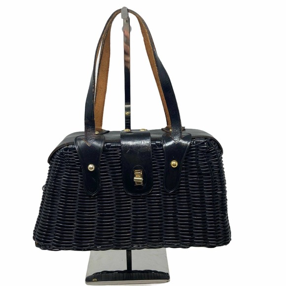 Vintage Handbags - Vintage 1950s Black Vinyl Coated Wicker Satchel